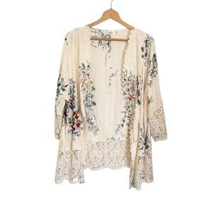 Solitaire Floral Lace Embroidered Cream Boho Open Front Kimono Cardigan size 1X